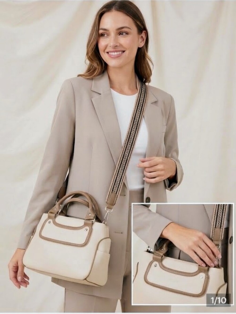 FIRANO Structured Cream Satchel Bag with Tan Trim & Removable Strap - EUC